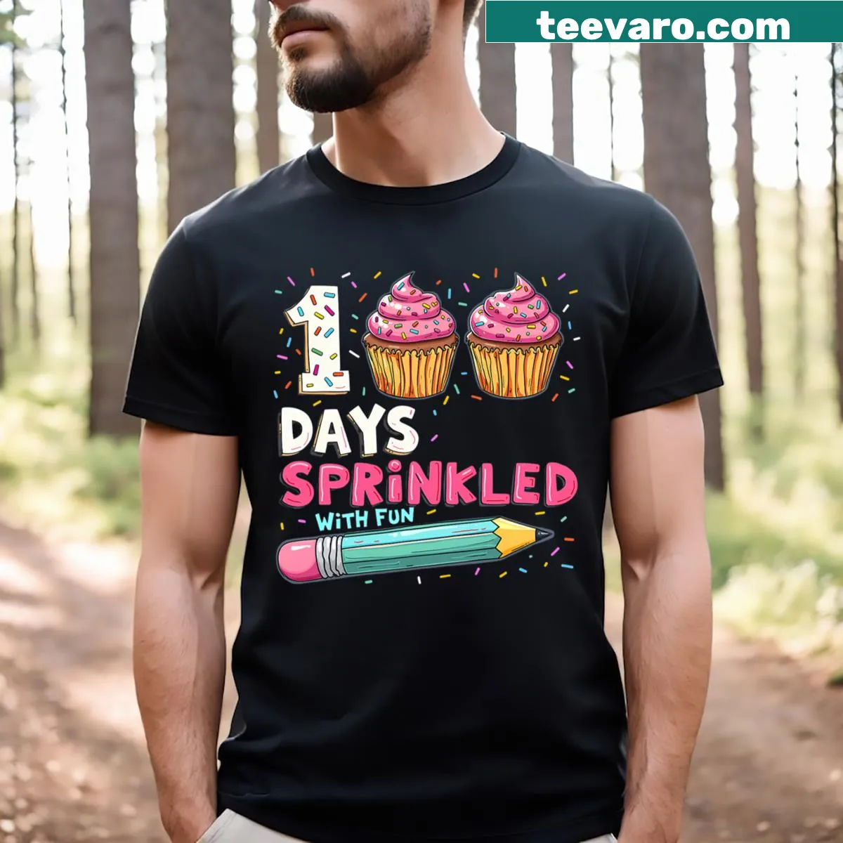 Cupcake-themed T-shirt with '100 Days Sprinkled With Fun' text for kids — on a men's t-shirt