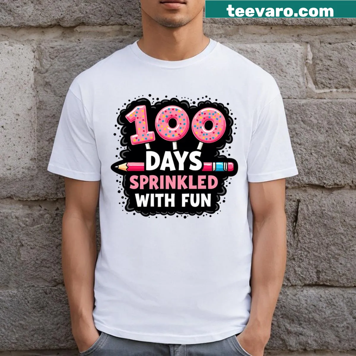 Whimsical lollipop graphic celebrating the 100th day of school — on a men's t-shirt