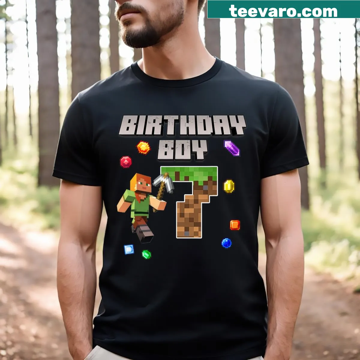 Pixelated number seven with video game graphics for a 7th birthday shirt — on a men's t-shirt
