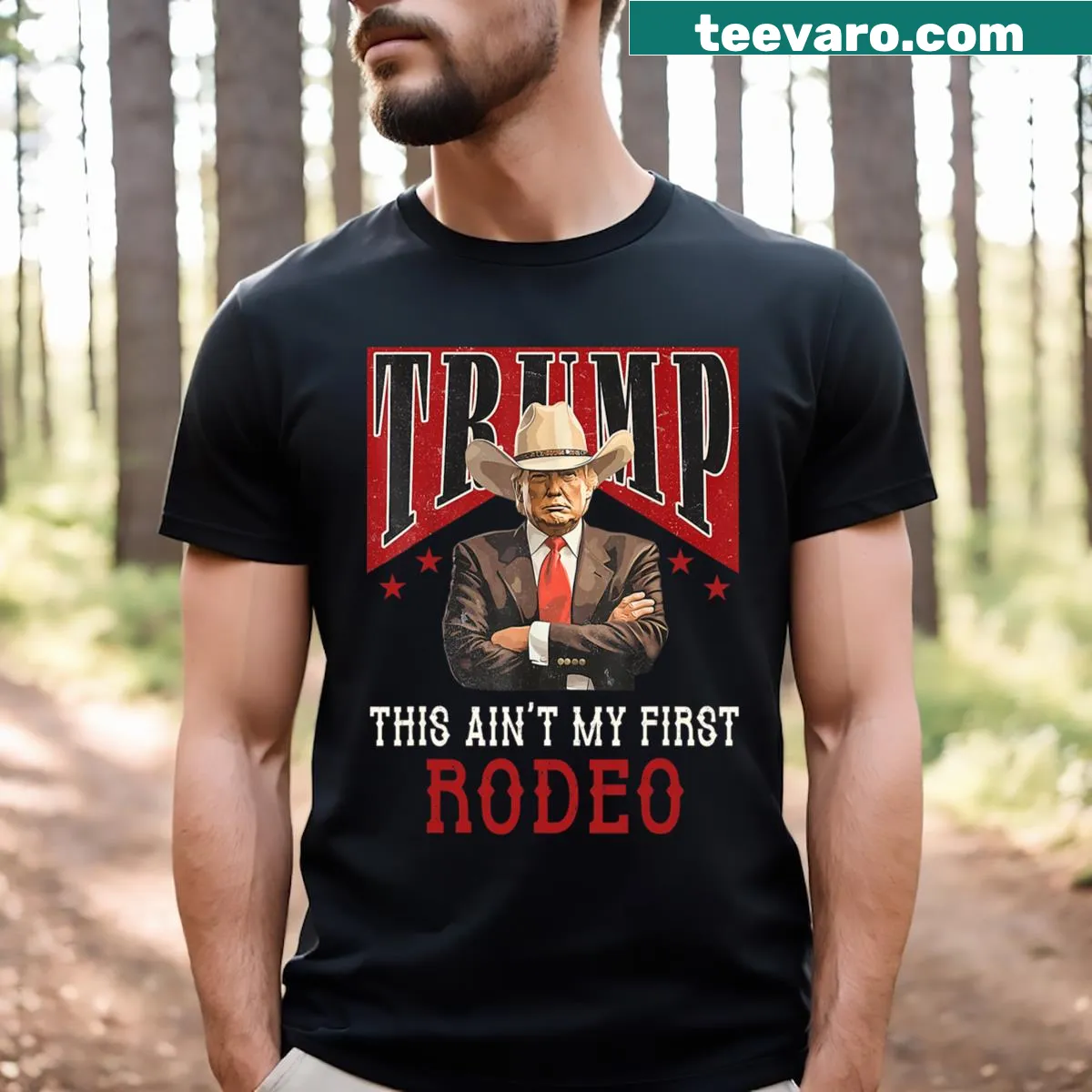 Funny T-shirt with cowboy theme and 'Ain't My First Rodeo' text — on a men's t-shirt