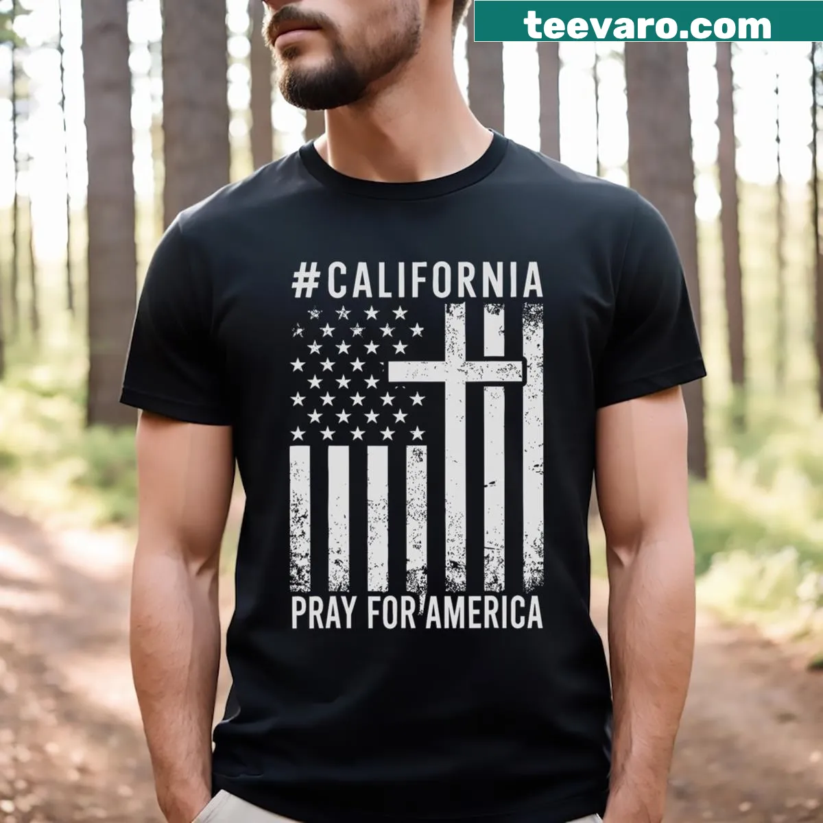 American flag themed T-shirt with 'California Strong' and 'Pray for America' text — on a men's t-shirt