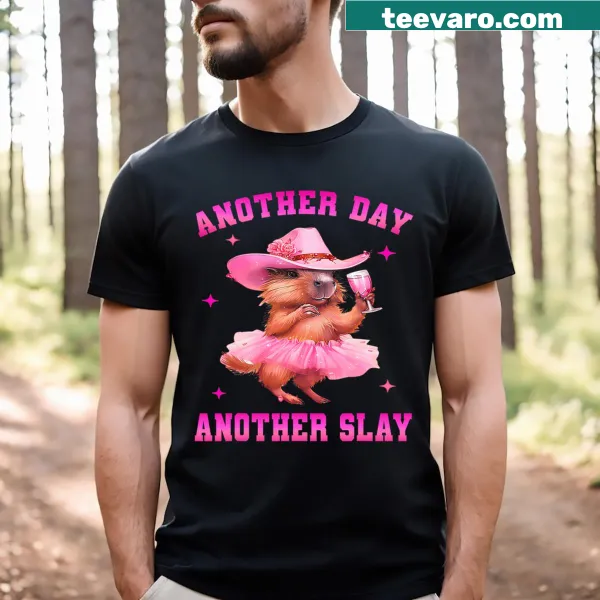 Cartoon capybara in cowboy attire with humorous phrase graphic