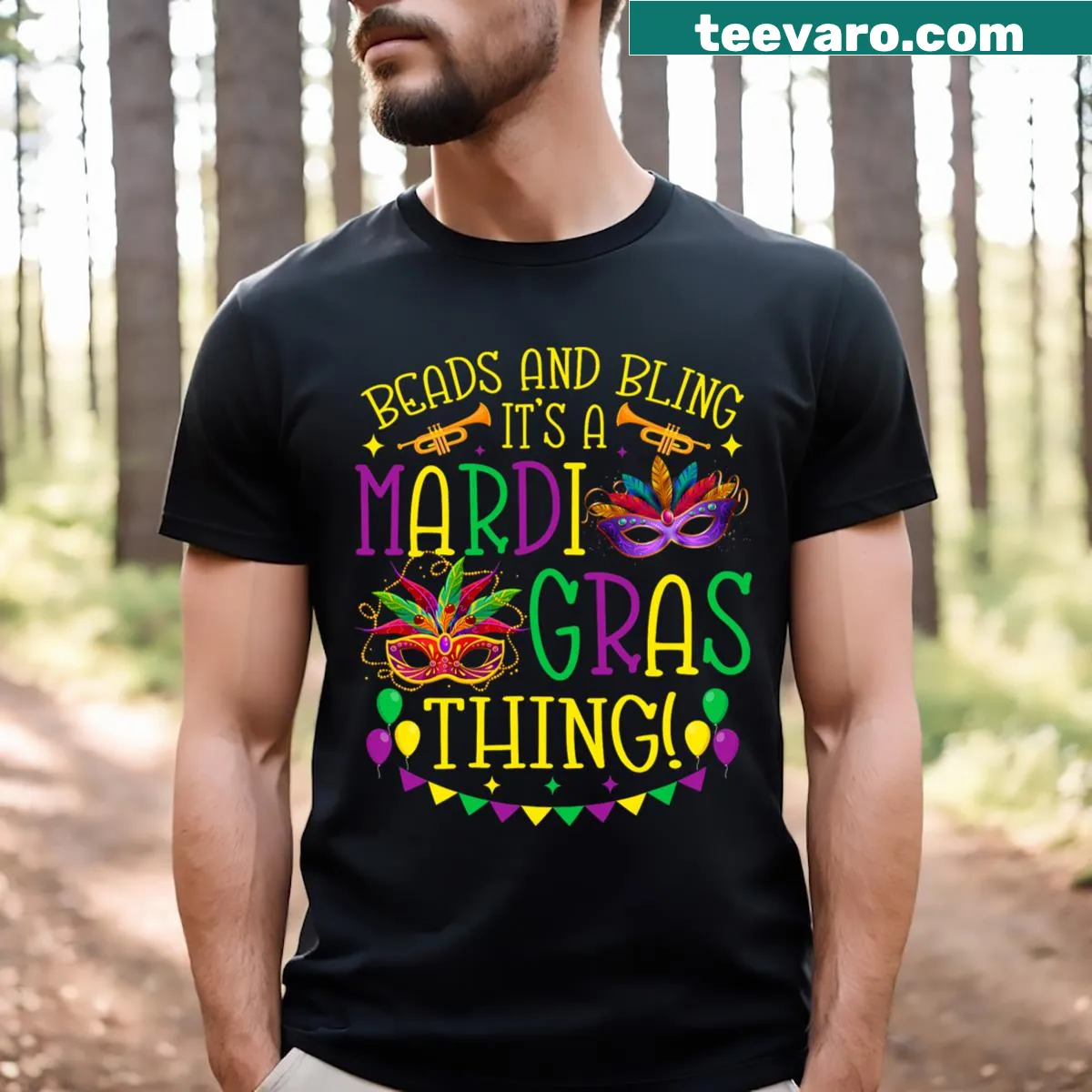 Mardi Gras-themed t-shirt with beads and carnival illustration — on a men's t-shirt