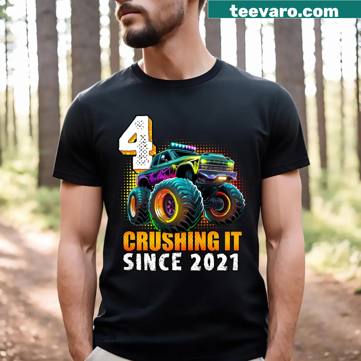 Dynamic monster truck birthday T-shirt for 4-year-old boys — on a men's t-shirt