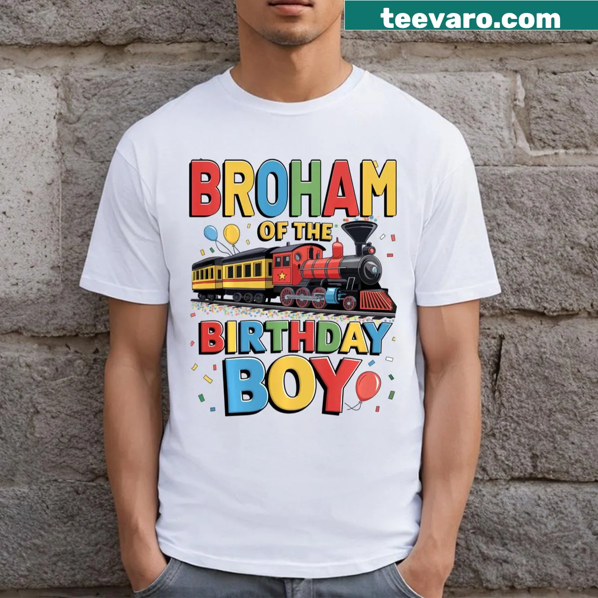 Birthday-themed t-shirt for brothers with train toy illustration — on a men's t-shirt
