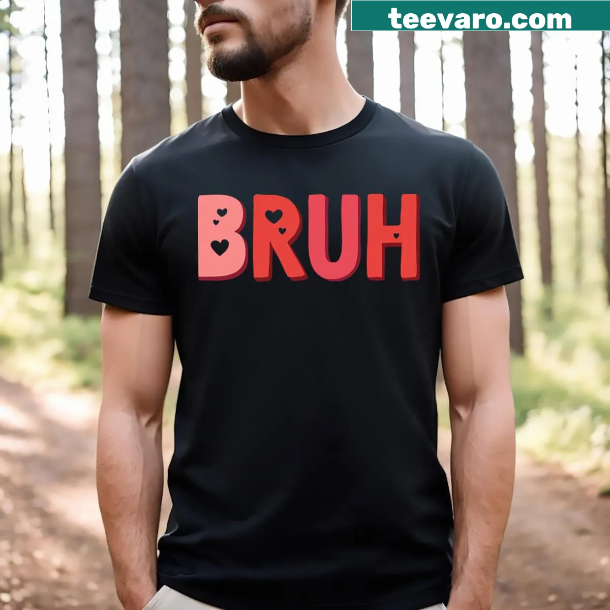 Bruh Valentine's Day graphic t-shirt with heart design — on a men's t-shirt