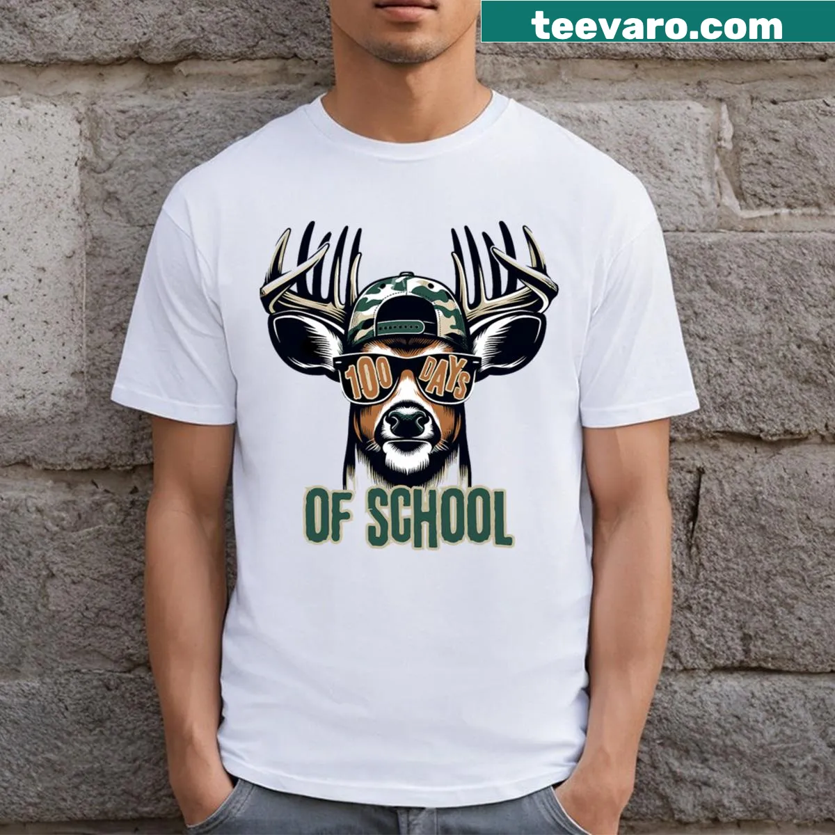 Playful 100 Days Of School t-shirt with deer illustration — on a men's t-shirt
