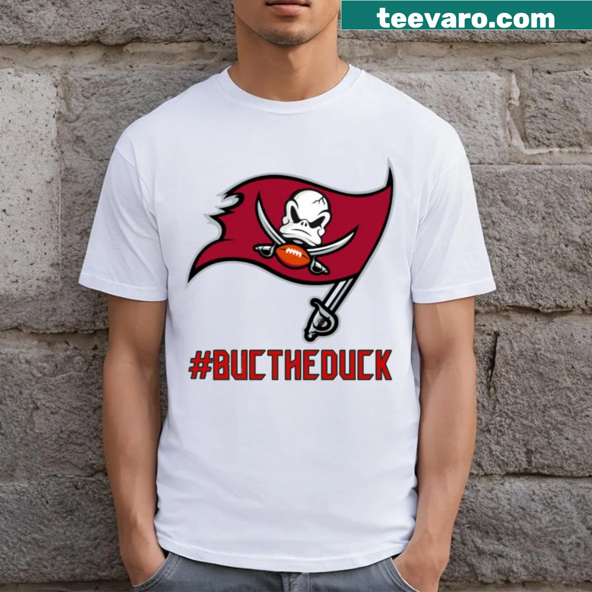 Cartoon t-shirt featuring the playful character Buctheduck — on a men's t-shirt