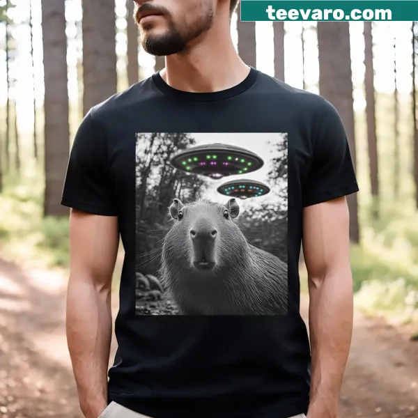 Capybara and alien UFO cartoon graphic kids t-shirt