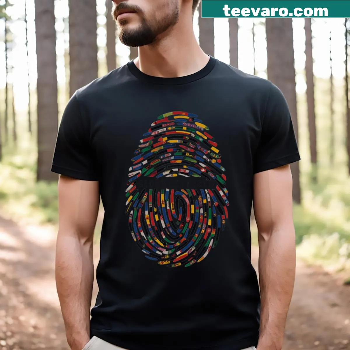 T-shirt with unique footprint graphic representing global citizenship — on a men's t-shirt