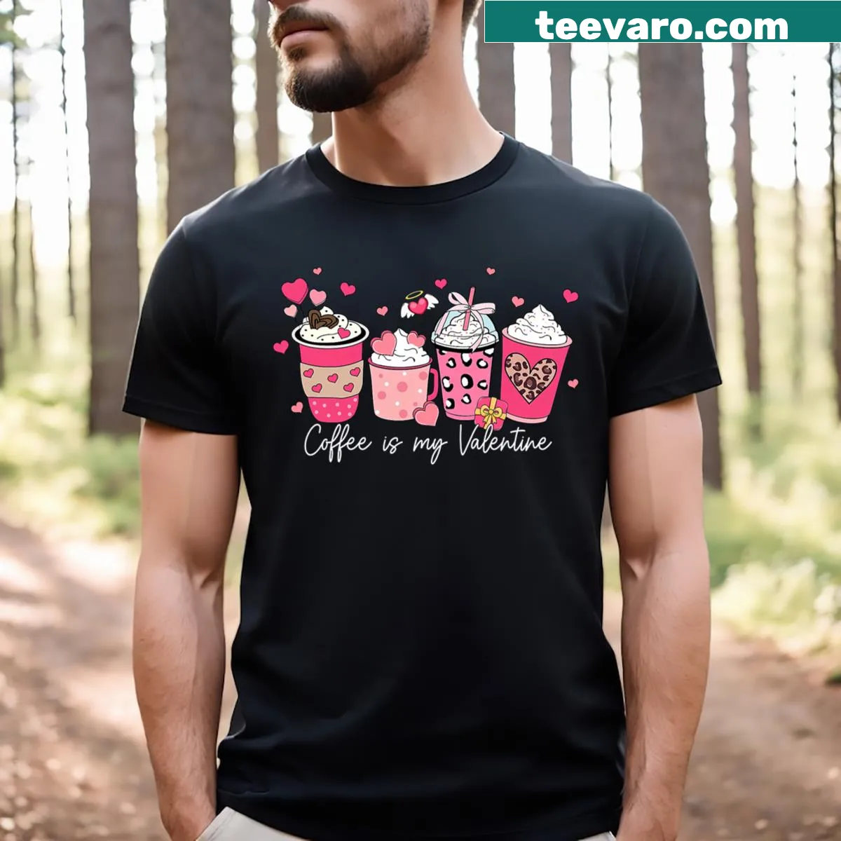 Cute graphic tee with heart-shaped latte art and text about coffee — on a men's t-shirt