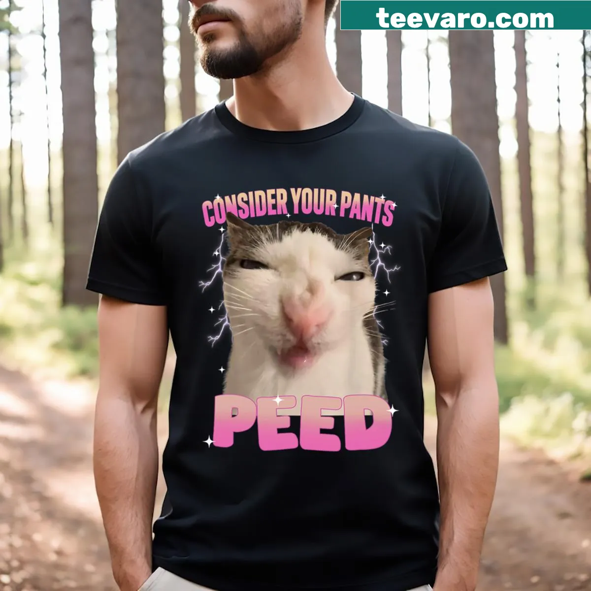 Funny cat meme t-shirt with humorous text for men — on a men's t-shirt