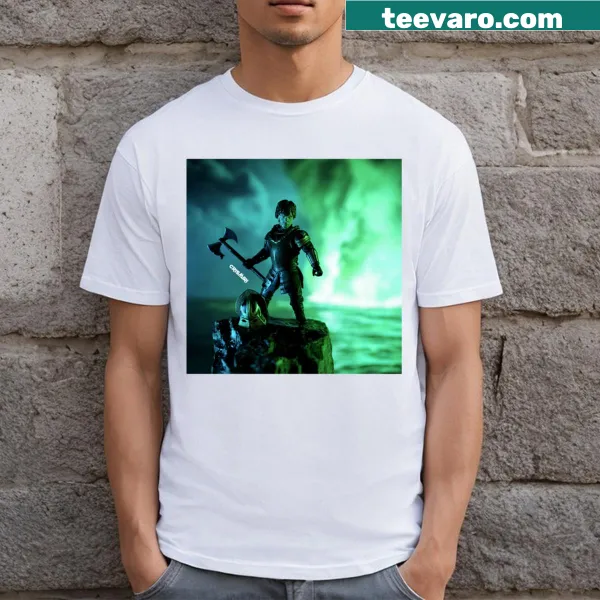 Illustrative t-shirt featuring a dwarf after battle