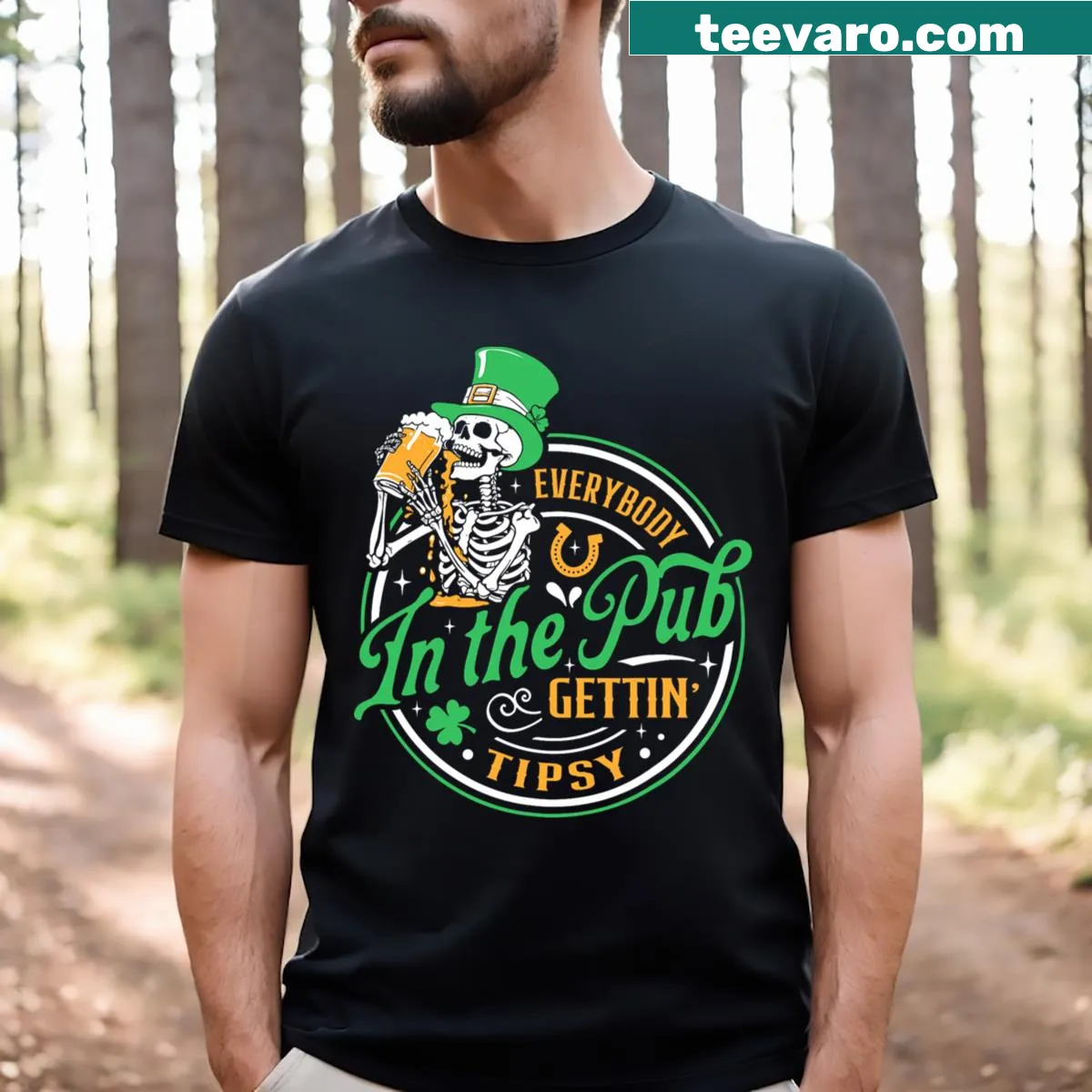 Humorous St. Patrick's Day shirt for men with pub-themed graphic. — on a men's t-shirt