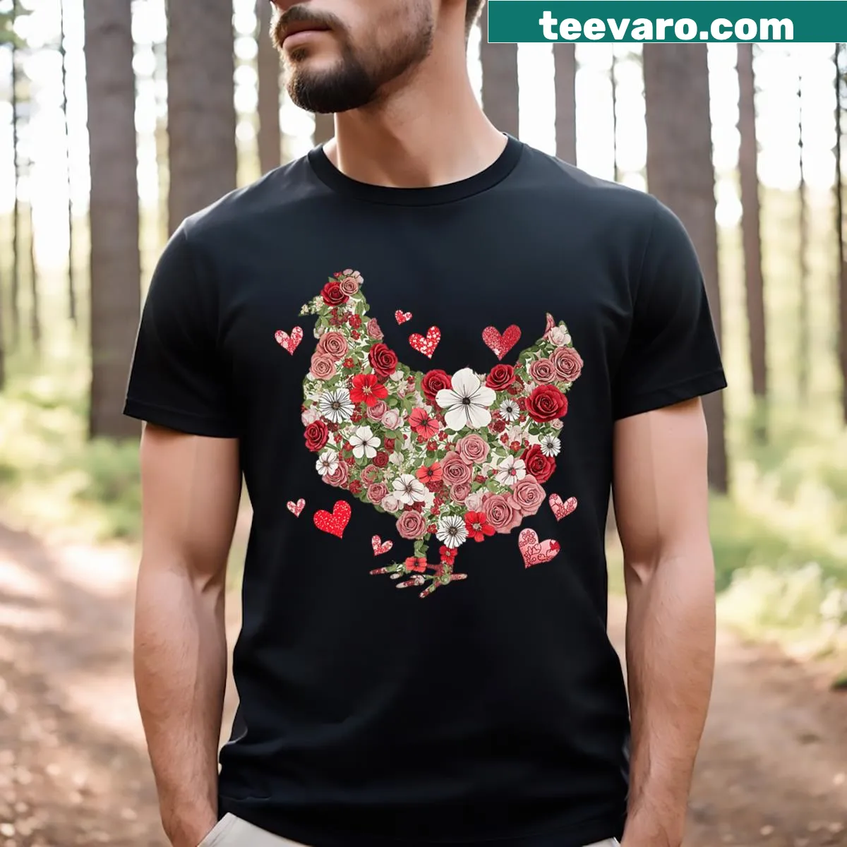 Cute cartoon chicken T-shirt with floral design for girls — on a men's t-shirt