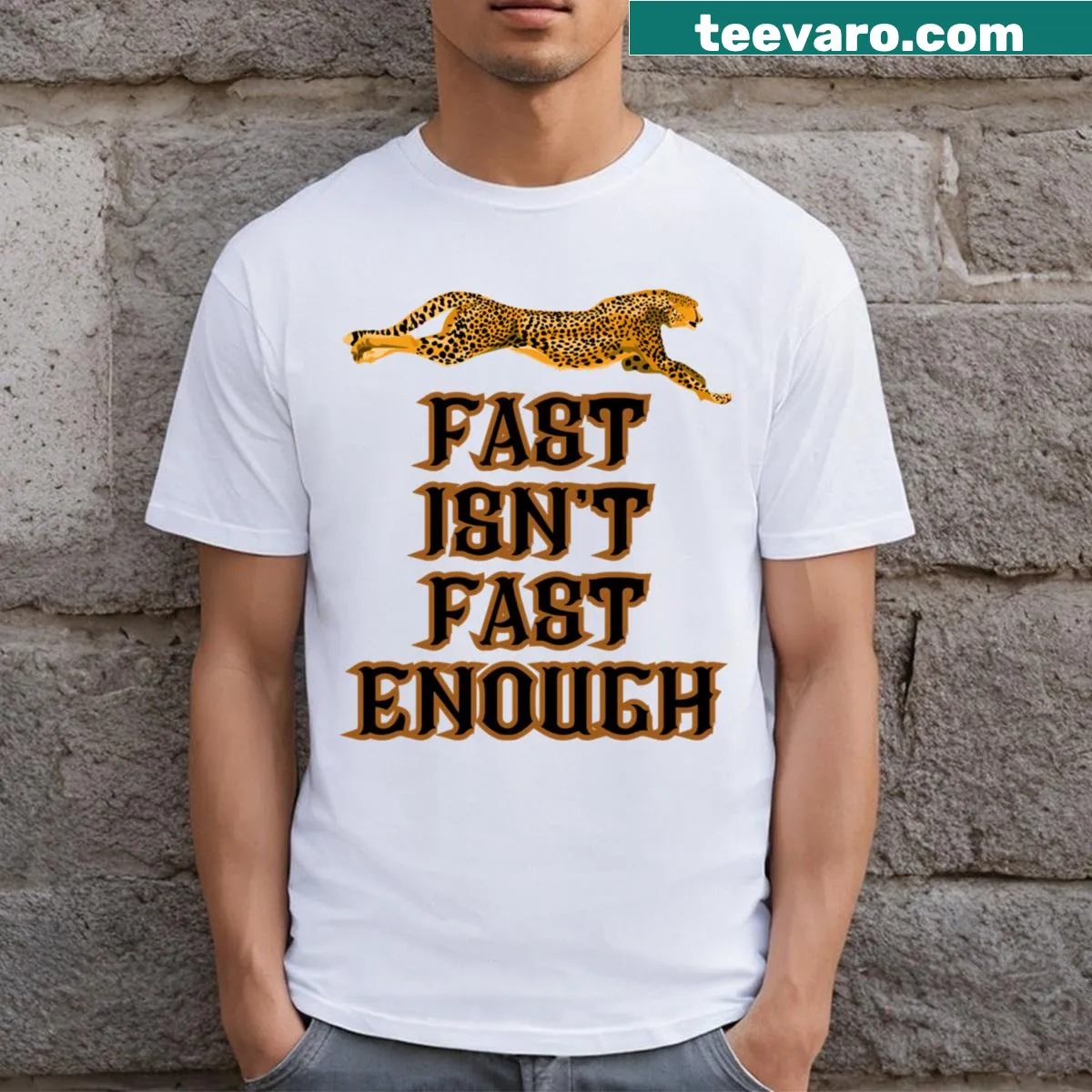 Bold typography T-shirt with the phrase 'Fast Isn't Fast Enough' — on a men's t-shirt