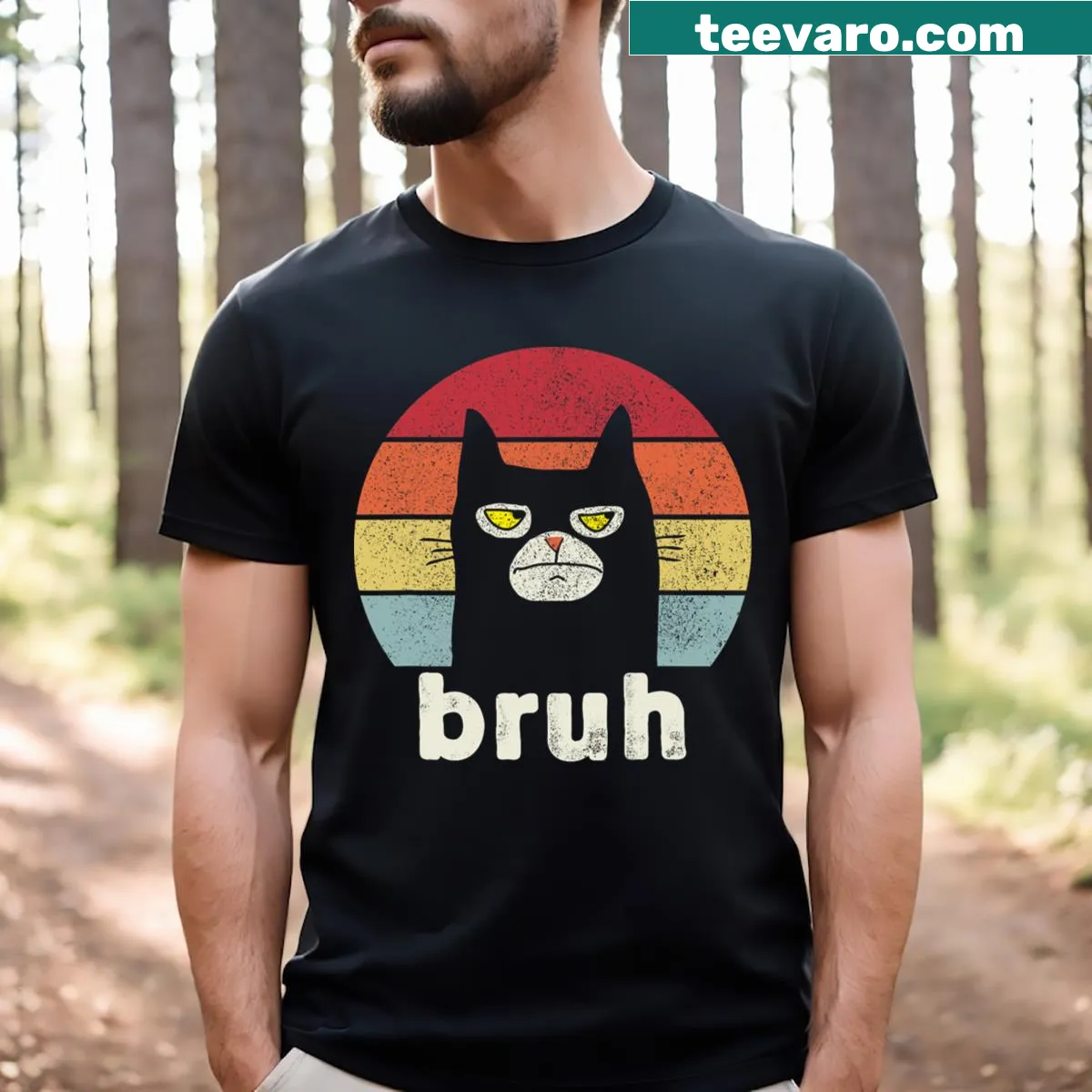 Graphic t-shirt featuring a funny cat meme for teens. — on a men's t-shirt