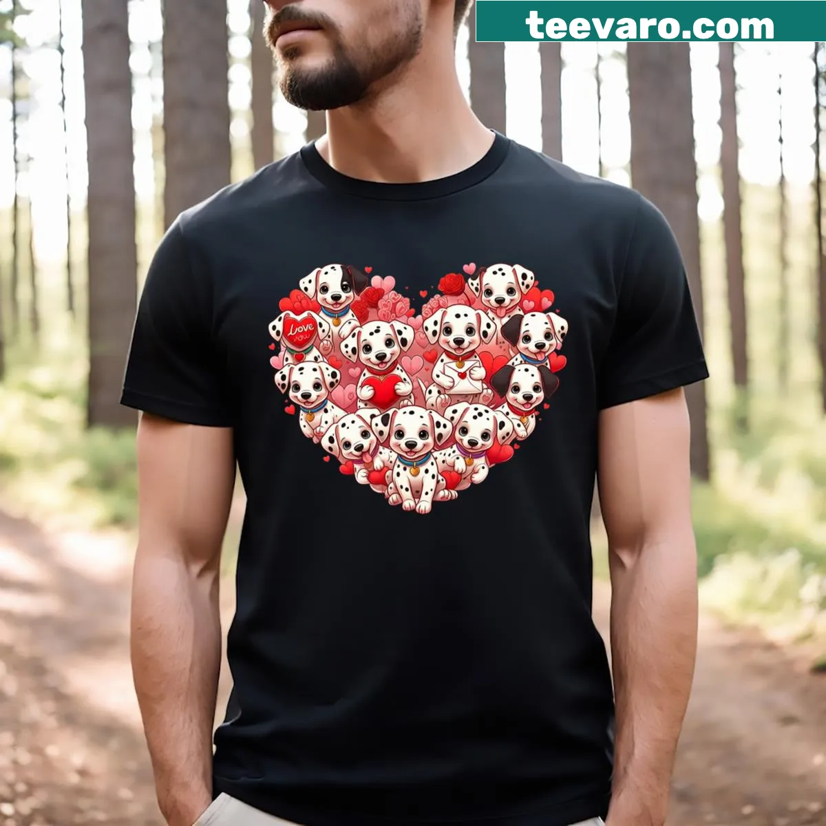 Retro Valentine Dalmatian T-shirt with heart graphic and Dalmatian spots. — on a men's t-shirt