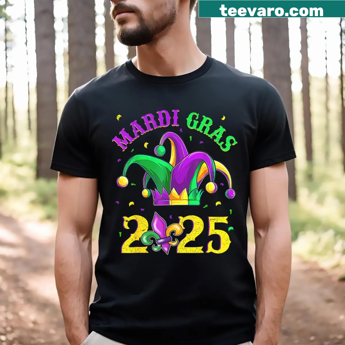 Mardi Gras themed t-shirt with a jester hat illustration — on a men's t-shirt