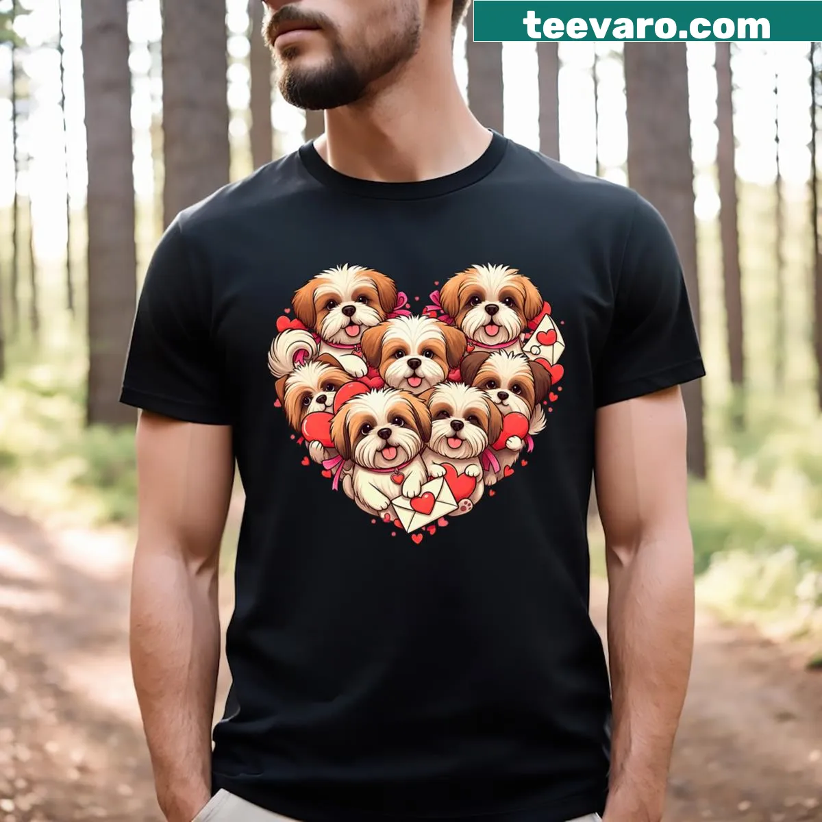 Valentine's themed t-shirt with a heart and Shih Tzu illustration — on a men's t-shirt