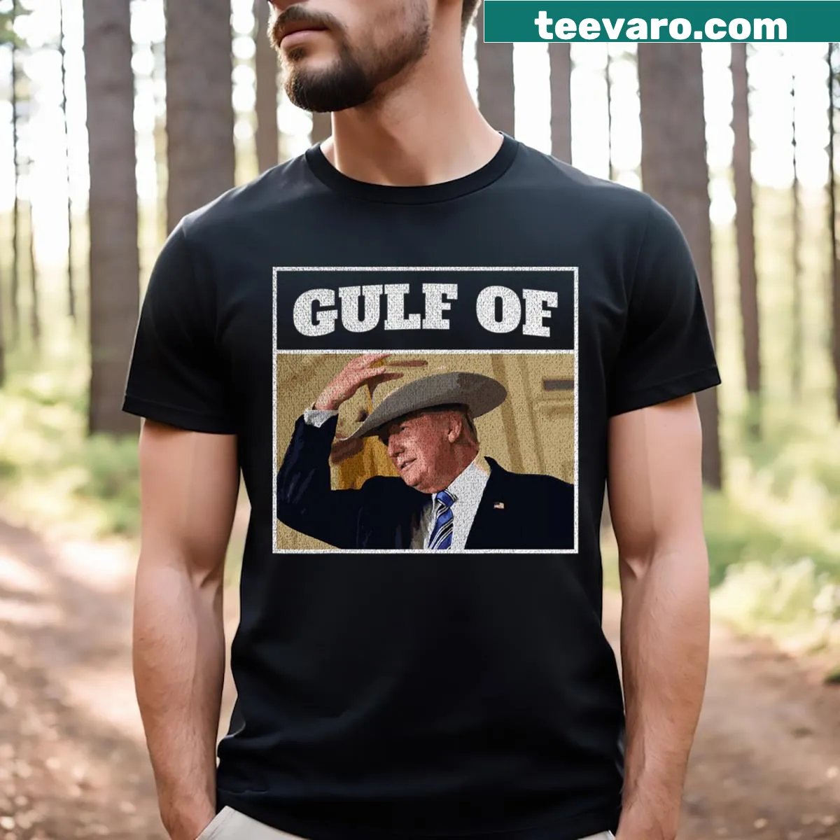 Funny Trump-themed T-shirt with a playful Gulf of USA graphic — on a men's t-shirt