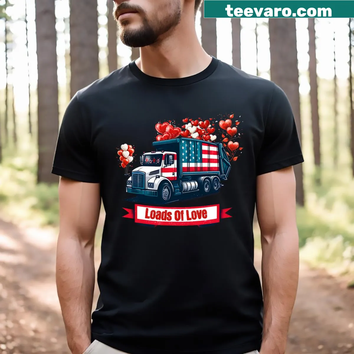 Whimsical garbage truck graphic with hearts for Valentine's Day — on a men's t-shirt