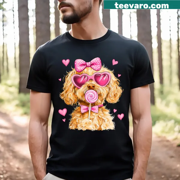 Cute Goldendoodle T-shirt with coquette bow illustration