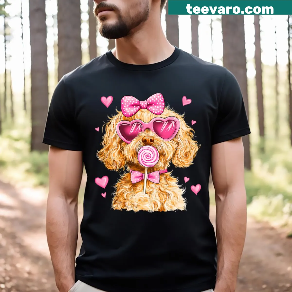 Cute Goldendoodle T-shirt with coquette bow illustration — on a men's t-shirt
