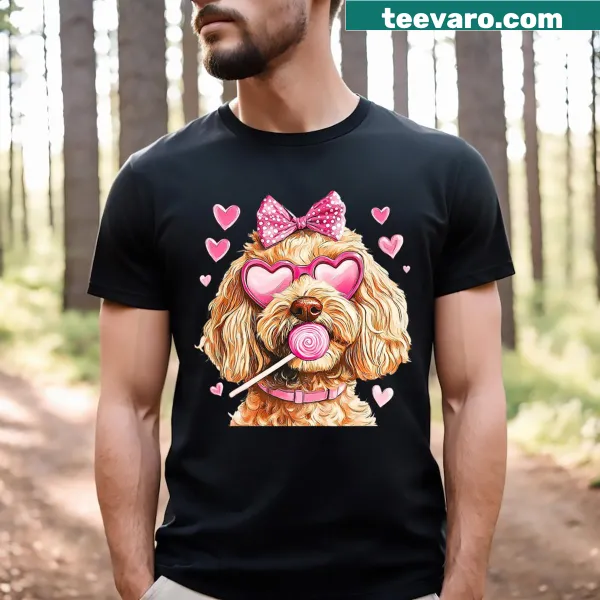 Valentine's Day Goldendoodle T-shirt with coquette design