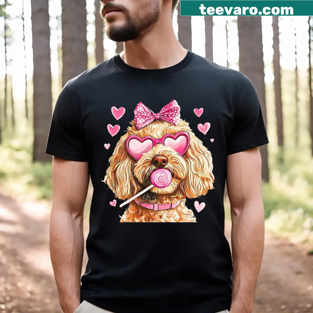 Valentine's Day Goldendoodle T-shirt with coquette design — on a men's t-shirt