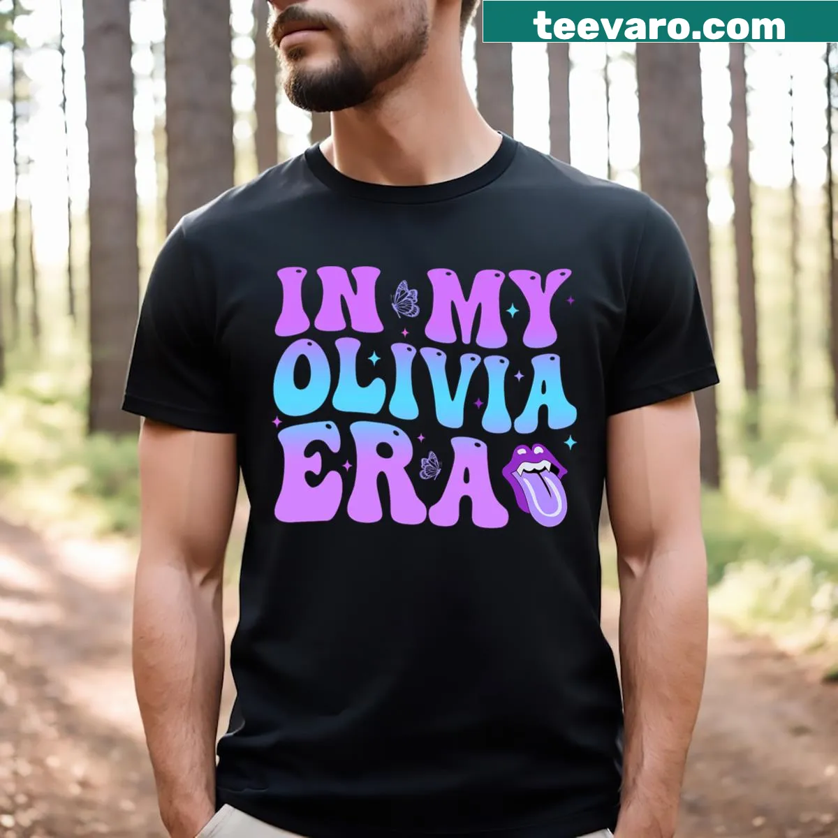 Playful T-shirt for men featuring groovy Olivia era design — on a men's t-shirt