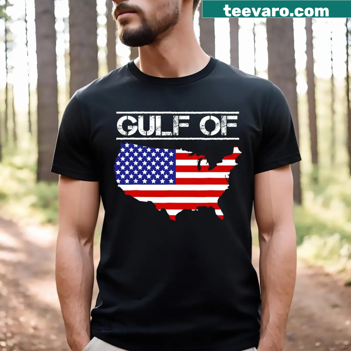 USA map-themed t-shirt featuring Gulf of America — on a men's t-shirt