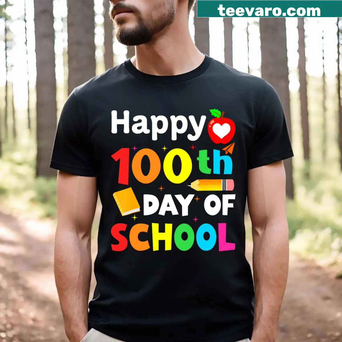 T-shirt celebrating the 100th day of school with fun typography — on a men's t-shirt