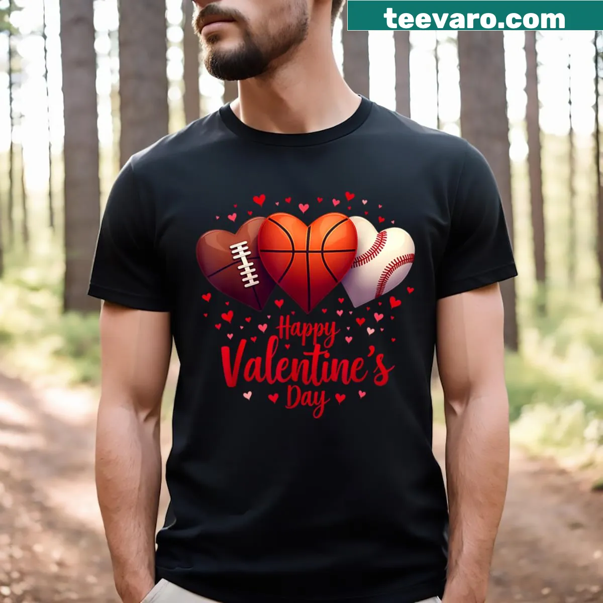 Valentine's Day T-shirt featuring cartoon sports balls and love elements — on a men's t-shirt