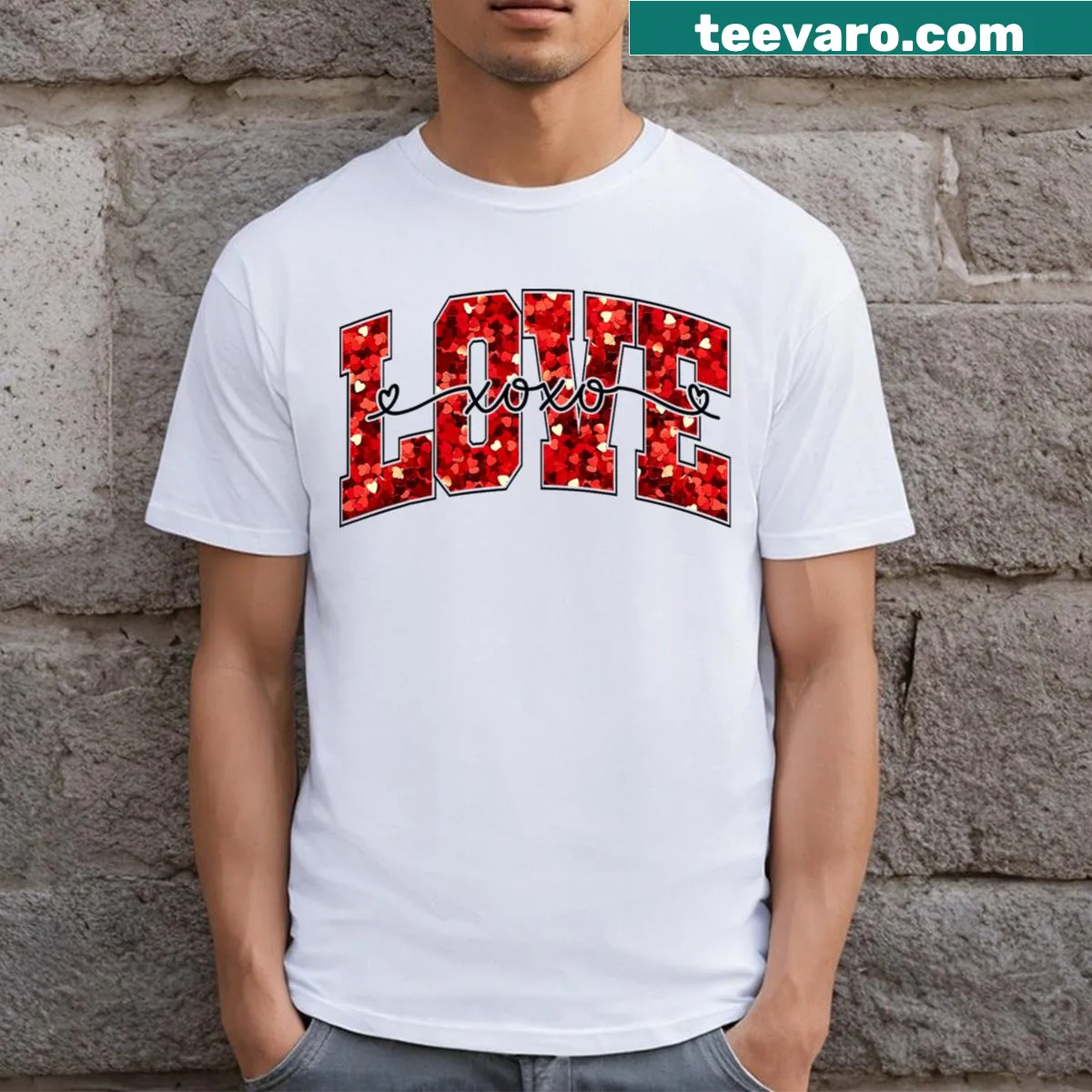 Retro style Valentine's Day T-shirt with love hearts and XOXO design — on a men's t-shirt