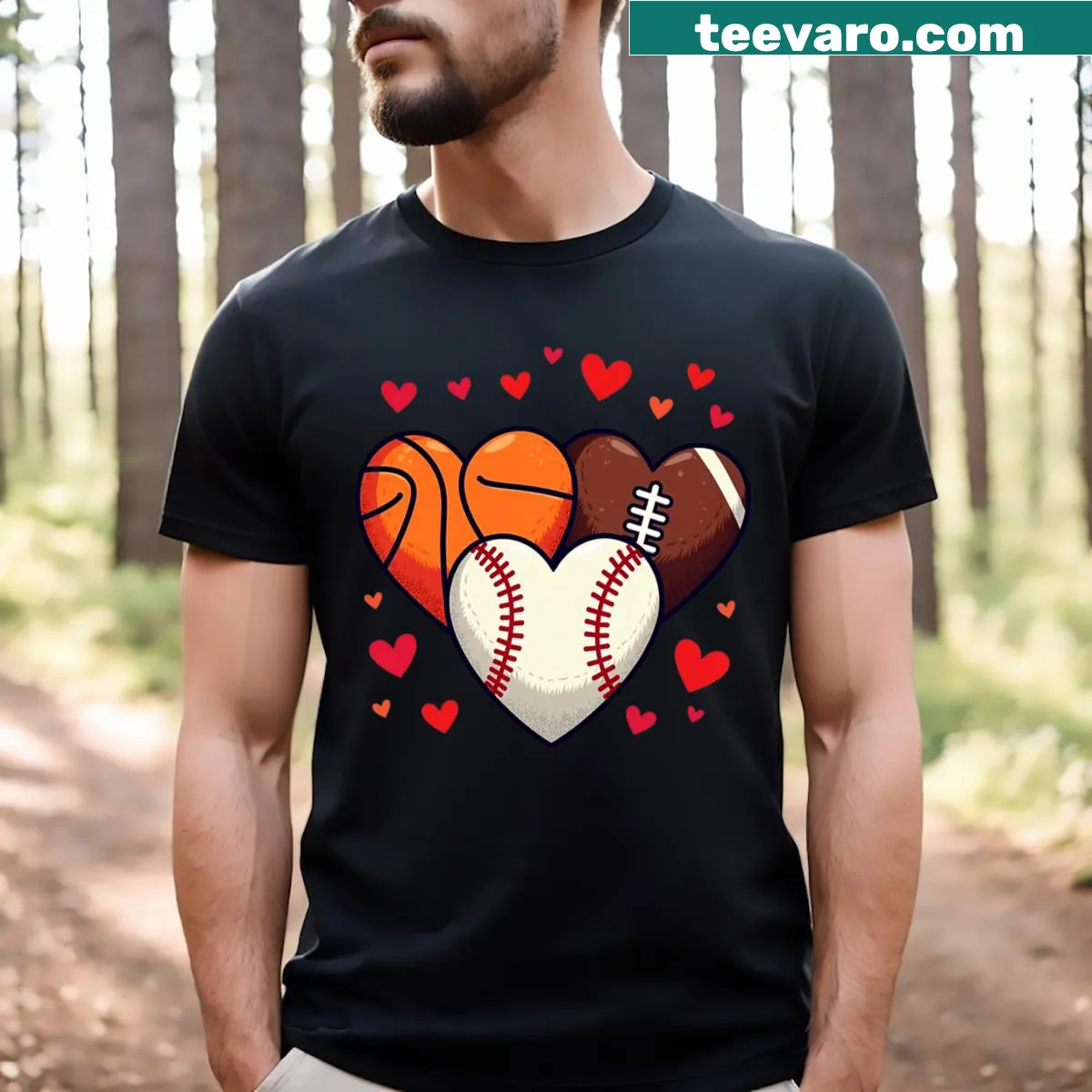 Valentine's Day T-shirt with heart-themed sports graphics — on a men's t-shirt