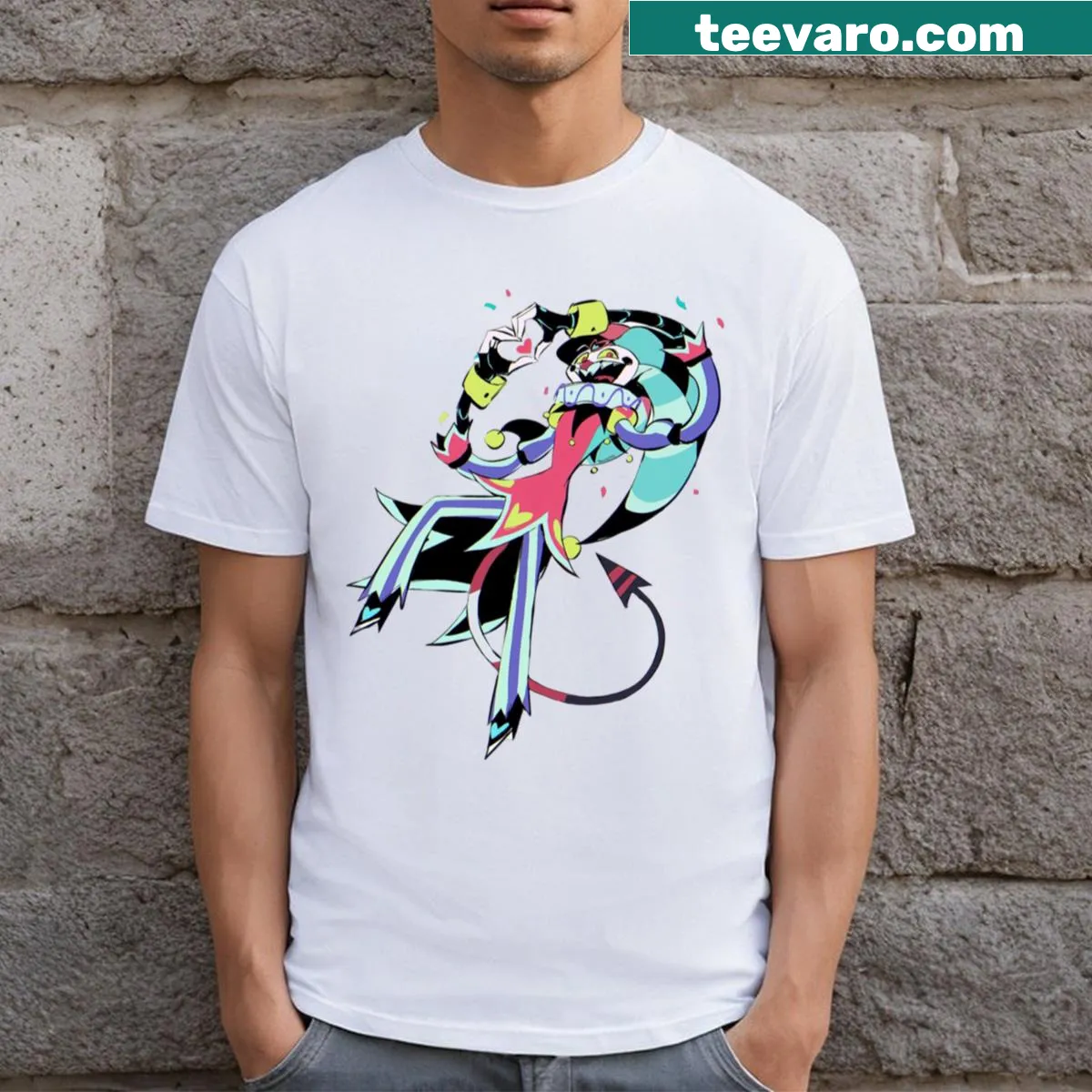 Bold Helluva Boss Fizzarolli T-shirt with character artwork. — on a men's t-shirt