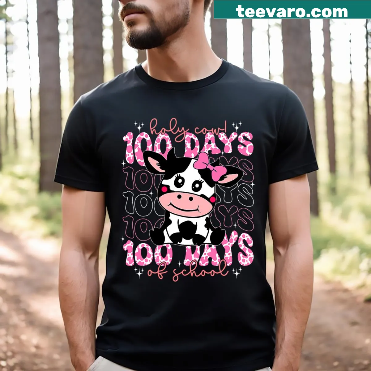 Playful cow graphic with text celebrating 100 days of school — on a men's t-shirt