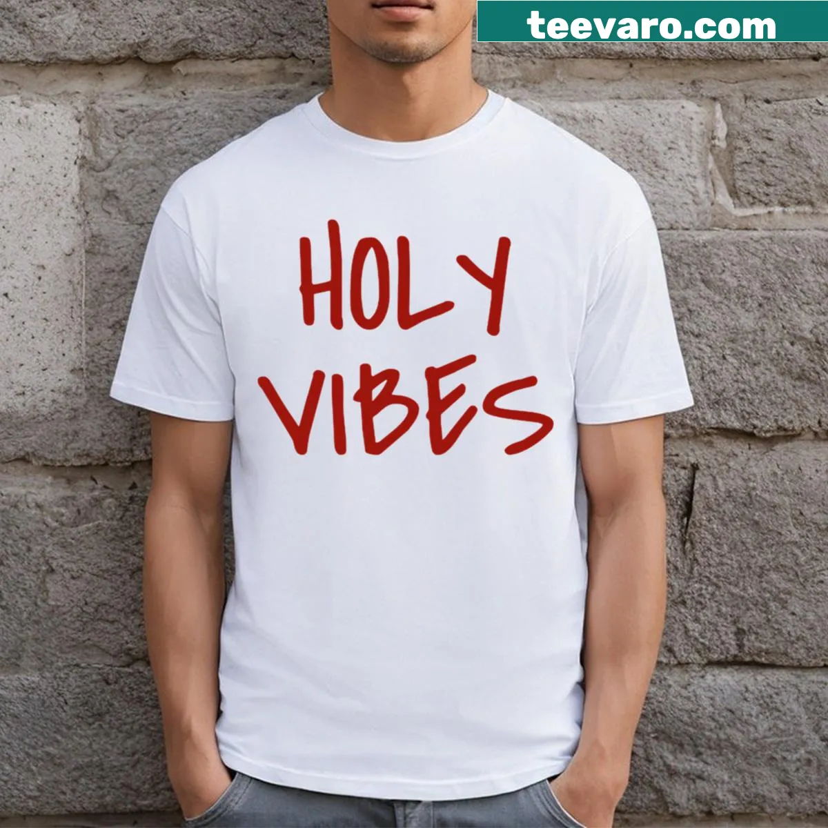 Typography tee with the phrase 'Holy Vibes' prominently displayed — on a men's t-shirt