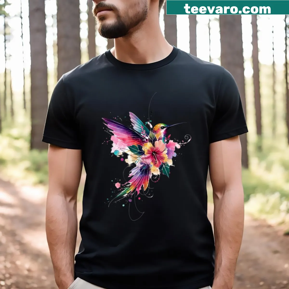 Whimsical hummingbird graphic on a nature-themed T-shirt — on a men's t-shirt