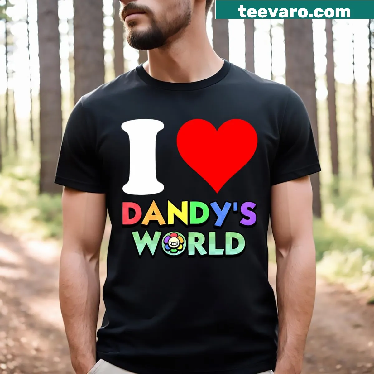 Graphic T-shirt featuring the phrase I Love Dandy's World — on a men's t-shirt