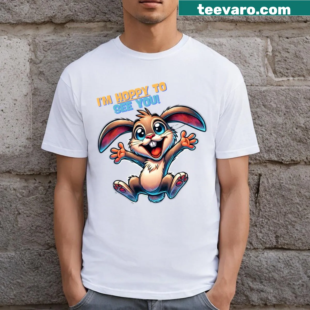 Cute T-shirt with bunny design and text: I'm Hoppy To See You — on a men's t-shirt