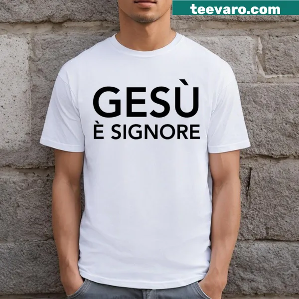 Bold text T-shirt expressing faith, featuring 'Jesus Is Lord' design.
