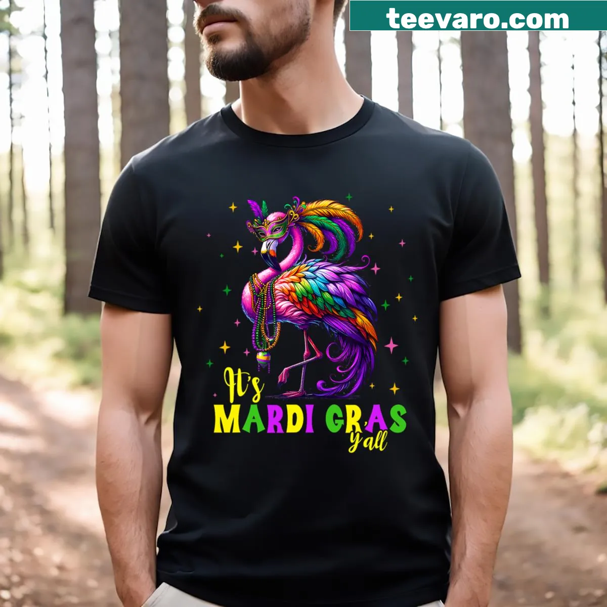 Playful flamingo graphic on a Mardi Gras-themed T-shirt — on a men's t-shirt