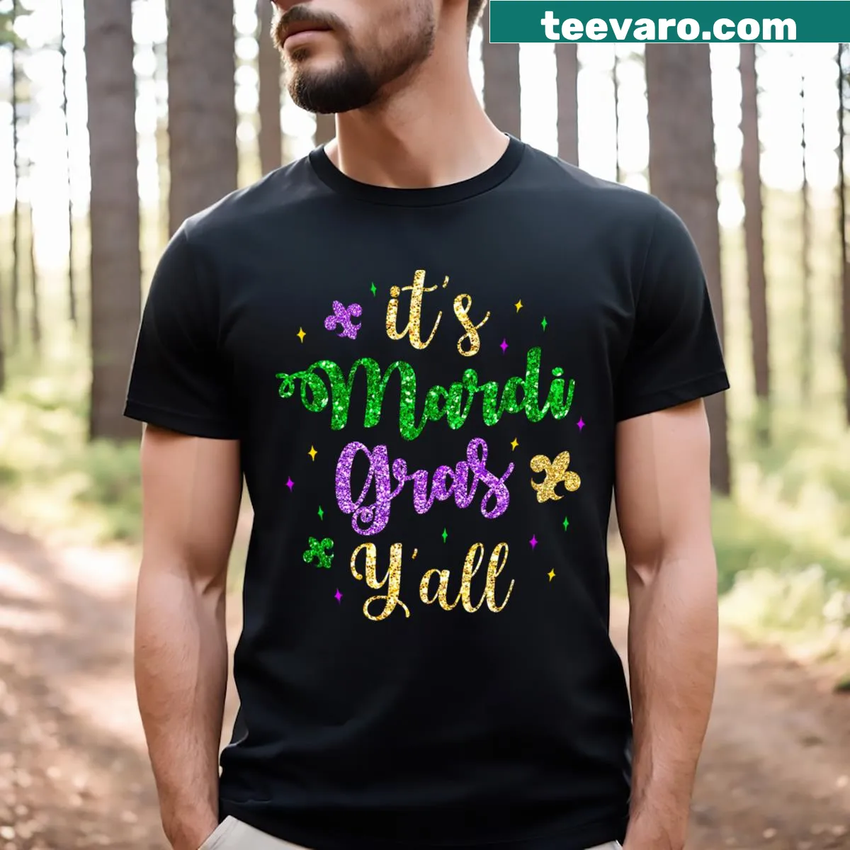 Colorful mask graphic on a Mardi Gras-themed kids T-shirt — on a men's t-shirt