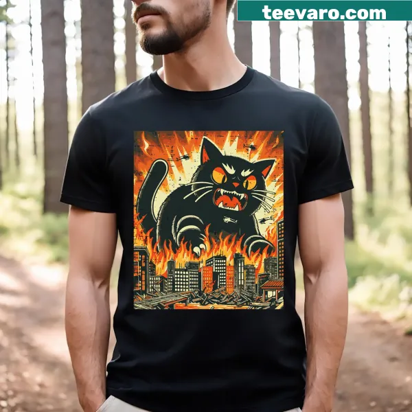 Cartoon cat monster graphic on a humorous T-shirt for kids