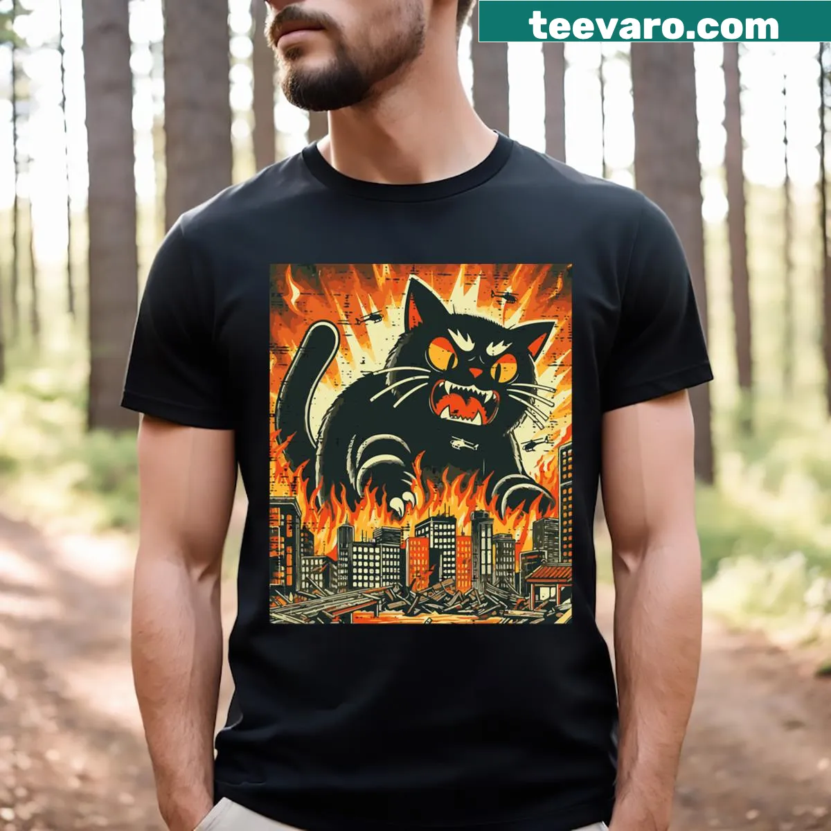 Cartoon cat monster graphic on a humorous T-shirt for kids — on a men's t-shirt