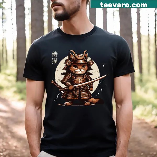 Samurai cat warrior graphic on a playful T-shirt for kids