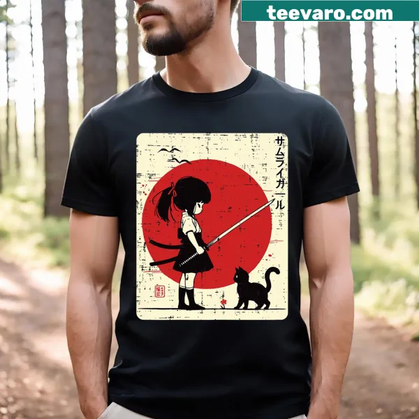 Kawaii samurai girl with a black cat design for kids