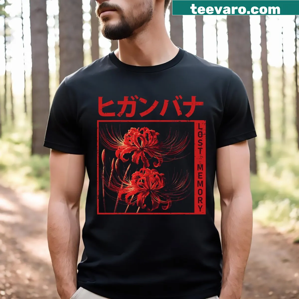 Illustration of spider lily flowers in anime style on a T-shirt — on a men's t-shirt